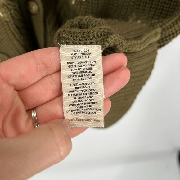 SOFT SURROUNDINGS Green Knit Embroidered Beaded Long Cardigan Sweater Medium - Picture 9 of 9